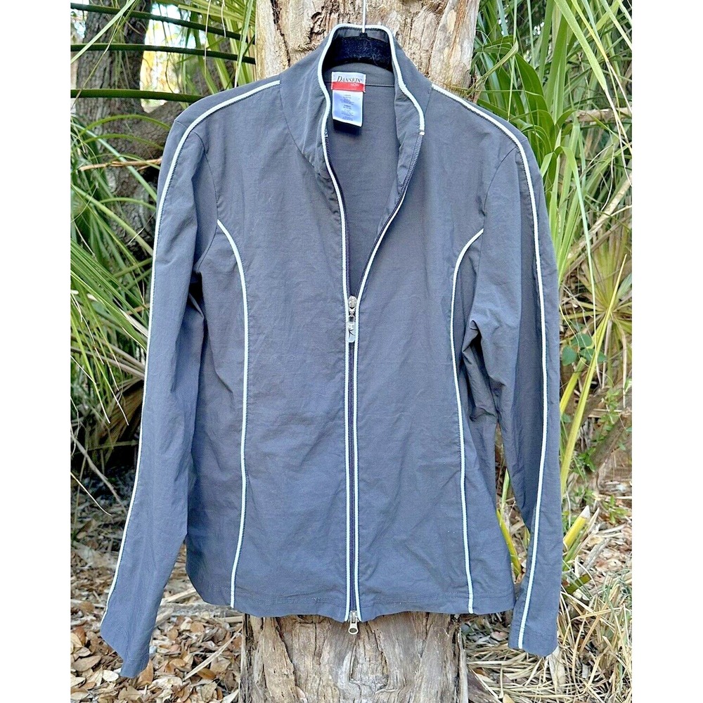 DANSKIN NOW Women's Fitted Jacket Size L Gray Piping White Full Zip Activewear